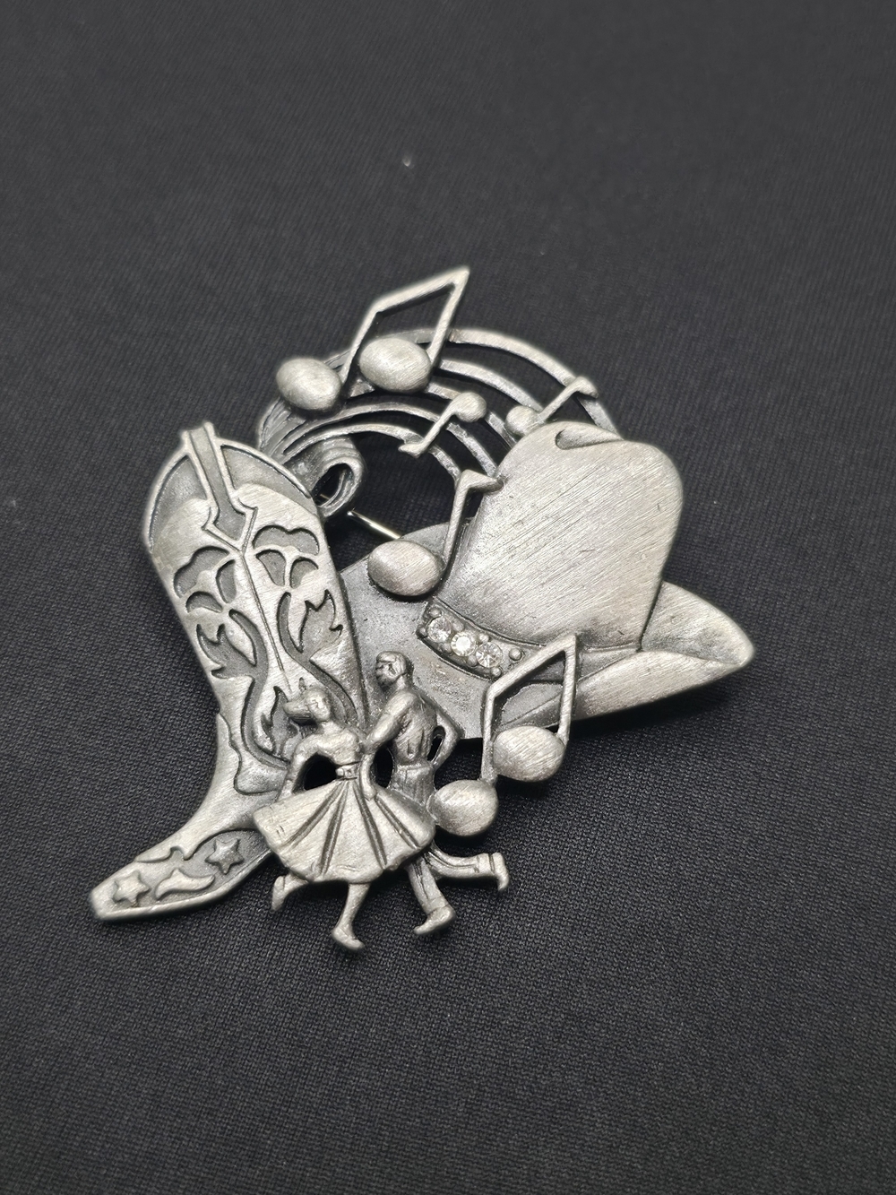 Vintage AJC Pewter Western Brooch Cowboy Hat Boot Dancing